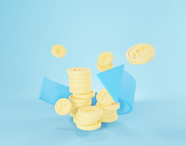 3d render van gouden munten stapelen om geld te besparen voor doel concept minimale pastelscène groei financieel model voor mock-up en webbanner