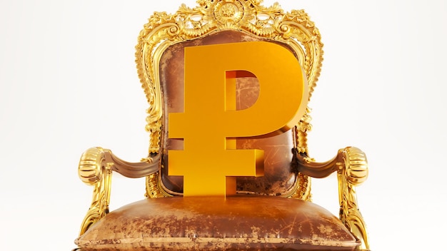 3D render van gouden roebel teken op een koning fauteuil geïsoleerd op witte achtergrond Gouden Russische roebel