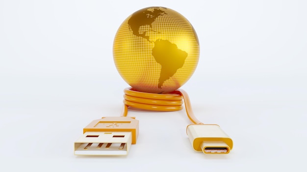 3D render van gouden usb type c met gouden 3D aarde op witte achtergrond usb kabel op witte kaart van amerika