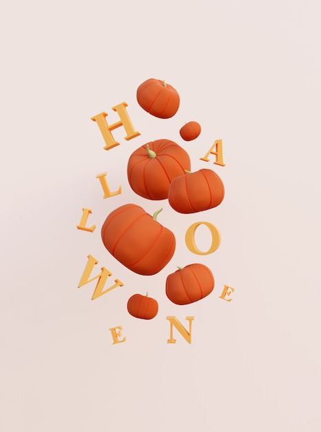 Foto 3d render van halloween pompoenen en letters cute halloween vakantie concept