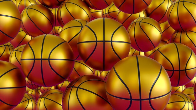 3D render van honderden gouden basketballen Veel gouden basketbalballen liggen in een stapel