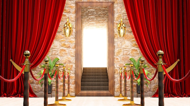 3D render van houten deur met rode gordijnen en betonnen trappen Succes hoop ambitie en droom concept VIP-concept gouden barrières verbonden door een rood touw