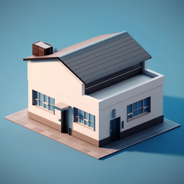 3D render van huis in isometrische projectie op blauwe achtergrond