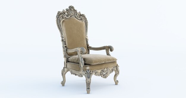 3D render van klassieke barokke fauteuil troon in brons en beige kleuren geïsoleerd op een witte achtergrond.