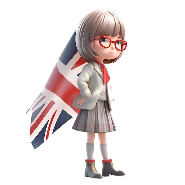 3D render van klein meisje met Britse vlag geplaatst op witte achtergrond