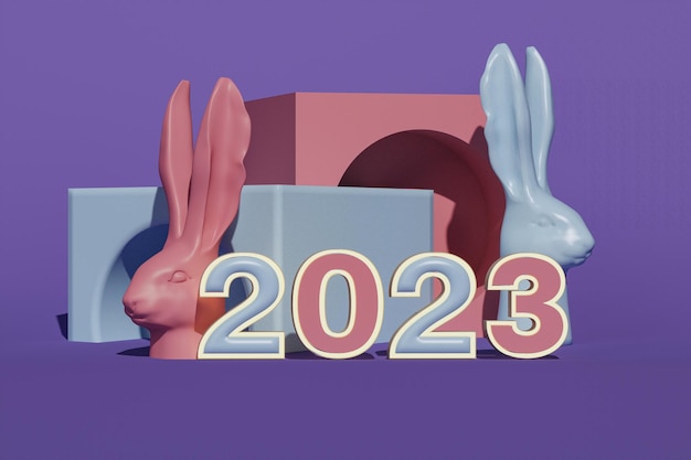 3D render van konijnen die Chinees nieuwjaar vieren voor nummer 2023. Podiumvoetstuk.