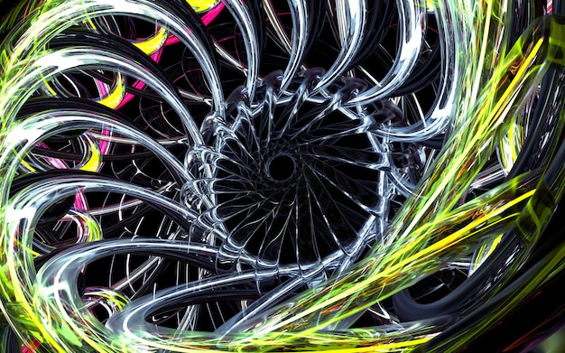 3D render van kunst 3D-achtergrond met een deel van abstracte bloem of turbine straalmotor op basis van ronde curve golvende rotatiebuizen elementen in glazen delen met neon groene draden binnen