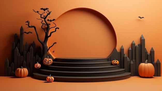 3D render van leeg podium podium met Halloween thema minimalistische abstracte achtergrond illustratie Generatieve AI