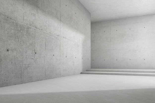 3D render van lege betonnen kamer met grote muurstructuur.