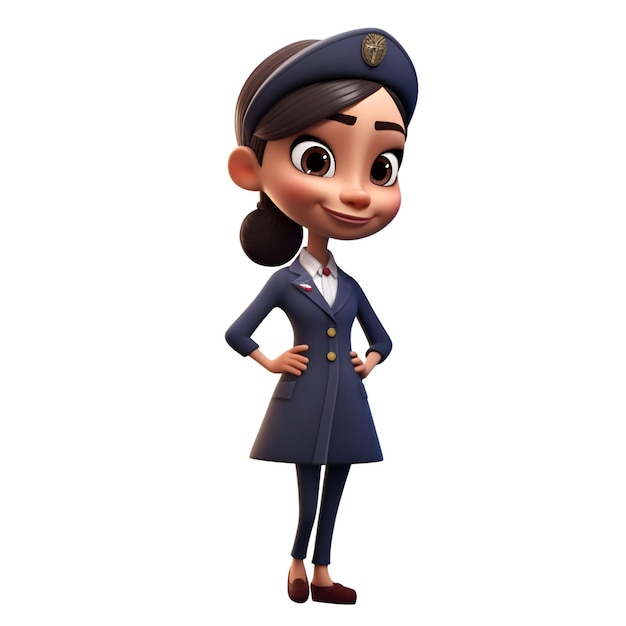 3D Render van Little Police Girl met baret en blauw uniform