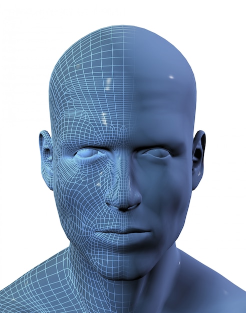 3D render van mannen hoofd met draadframe op de helft