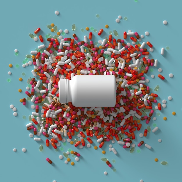 3D render van medicijnpillen en fles met dop. Abstracte medische illustratie.