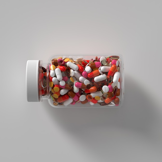 3D render van medicijnpillen in glazen fles met dop. Abstracte medische illustratie.