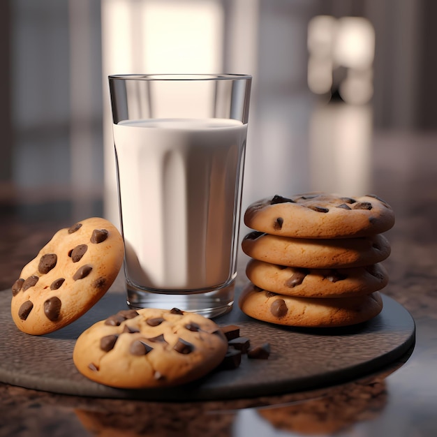 3D render van melk en koekjes