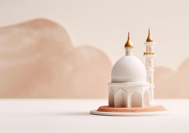 3D render van miniatuur kleimoskee voor islamitische feestdag achtergrond