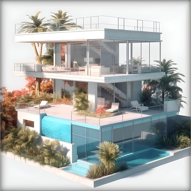3D render van modern huis met zwembad en terras