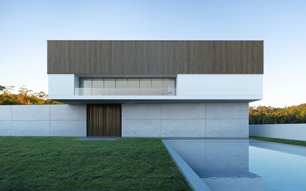 3D render van modern huis met zwembad op boom achtergrond.