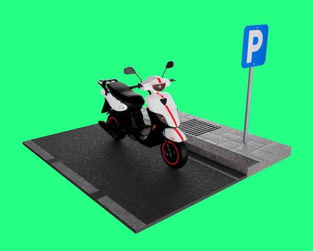 3D render van motorfietsscène op realistische parkeerplaats, isometrisch concept