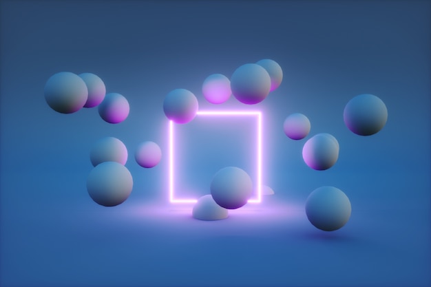 3D render van neon frame met ballen eromheen.