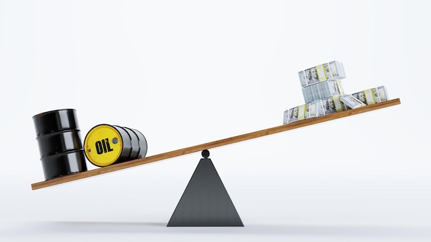 3D render van olievat en geldteken op schaalbord Schatting van de waarde van olie in de Amerikaanse dollars