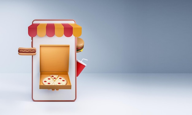 3d render van online fast food bestelling via smartphone met kopie ruimte op glanzend wit en leisteen kleur achtergrond