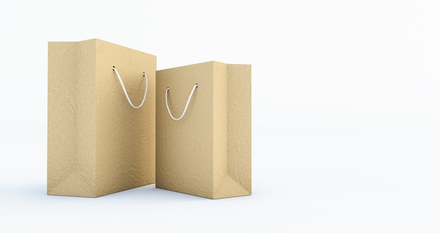 3D render van Paper Bag Template met handvat touw, geïsoleerd op een witte achtergrond