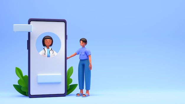 3D render van patiënt praten met arts via smartphone op glanzende blauwe achtergrond