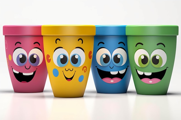 3D render van plastic bekers met smileygezichten op witte achtergrond