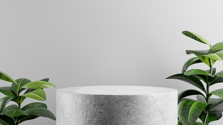 Foto 3d render van podiumbeton met plant voor uw productdisplay