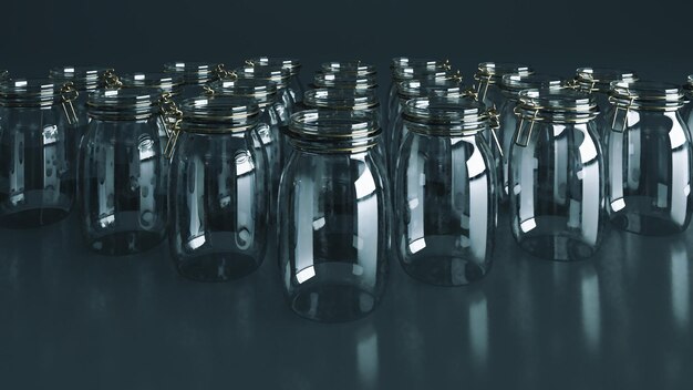 3D render van realistische transparante heldere fles op een donkere achtergrond lege glazen pot