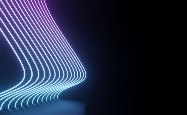 3D render van RGB-neonlicht op duisternis achtergrond. Abstracte laserlijnen worden 's nachts weergegeven. Ultraviolette spectrumstraalscène voor mock-up en webbanner.