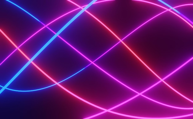 3D render van RGB-neonlicht op duisternis achtergrond. Abstracte laserlijnen worden 's nachts weergegeven. Ultraviolette spectrumstraalscène voor mock-up en webbanner.