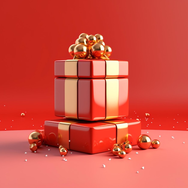 3D render van rode geschenkdoos met gouden boog en kerstballen