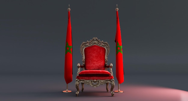 3D render van rode koninklijke stoel op een donkere achtergrond tussen twee vlaggen, koninkrijk van marokko vlag staat symbool, vlag van marokko hangend aan een vlaggenmast