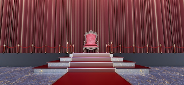 3D render van rode koninklijke troon, troonzaal, rode loper die leidt naar de luxueuze troon