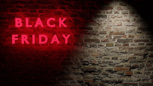 3D render van rood lichtgevend black friday billboard over bakstenen muur met verlichting van bovenaf