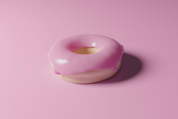 3D render van roze donut op een zwart-wit roze achtergrond