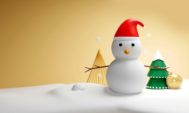 3D render van Snowman Xmas Tree Bauble sneeuwvlokken en sneeuw voor wintervakantie of Christmas Celebration Concept