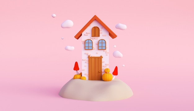 3D render van sprookjeshuis op de heuvel met pompoenen en paddenstoelen op roze achtergrond halloween concept