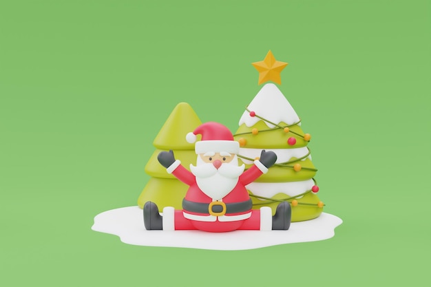 3D render van stripfiguur santa claus met kerstbomen prettige kerstdagen en nieuwjaar