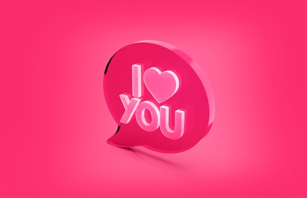 3D render van tekstballon met zin I Love You met een hart op roze achtergrond