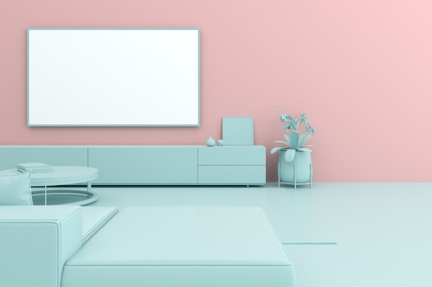 3D render van tv-scherm en kast op pastel.