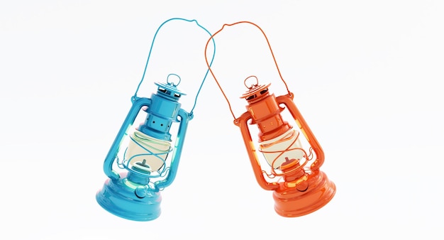 3D render van twee gekleurde kerosinelamp geïsoleerd op een witte achtergrond, Vintage blauwe en oranje lantaarn.