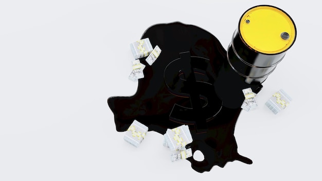 3D render van vaten olie zwarte olievaten met een pak dollars en dollarteken