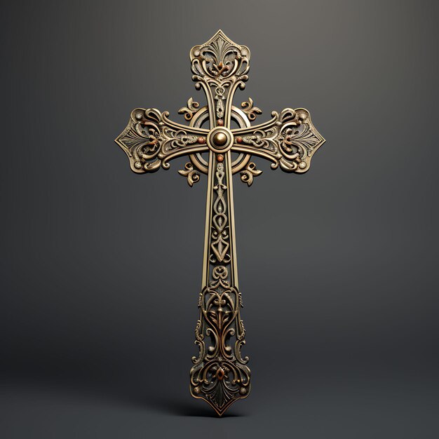 3D render van verweerd koperen kruis met filigrane versieringen weergegeven B Goede Vrijdag Paaspalm