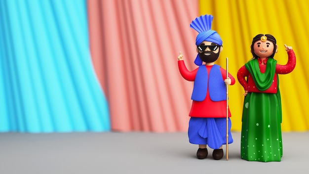 3d render van vrolijke punjabi jong koppel geven pose in bhangra stijl en kopie ruimte op kleurrijke gordijn of stof achtergrond vervagen