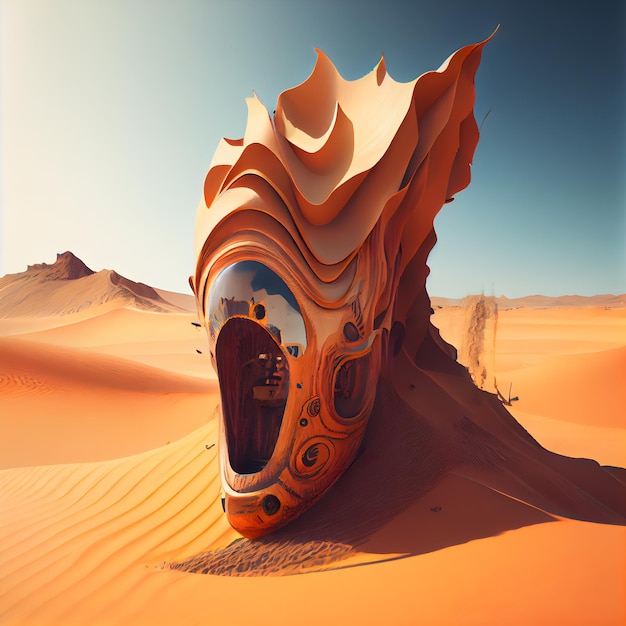 3D render van woestijnlandschap met zandduinen en menselijk hoofd