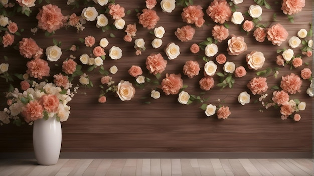 3d render of a vase full of flowers with a wooden wall