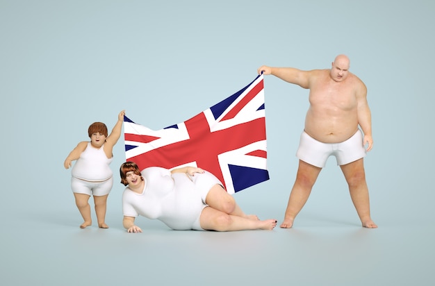 3d render verenigd koninkrijk obesitas concept - dikke familie met flag