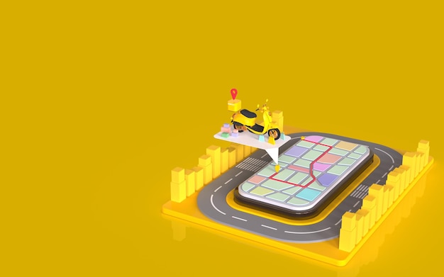 3d render Verzending levering per motorfiets en tracking kaart kennisgeving levering transport